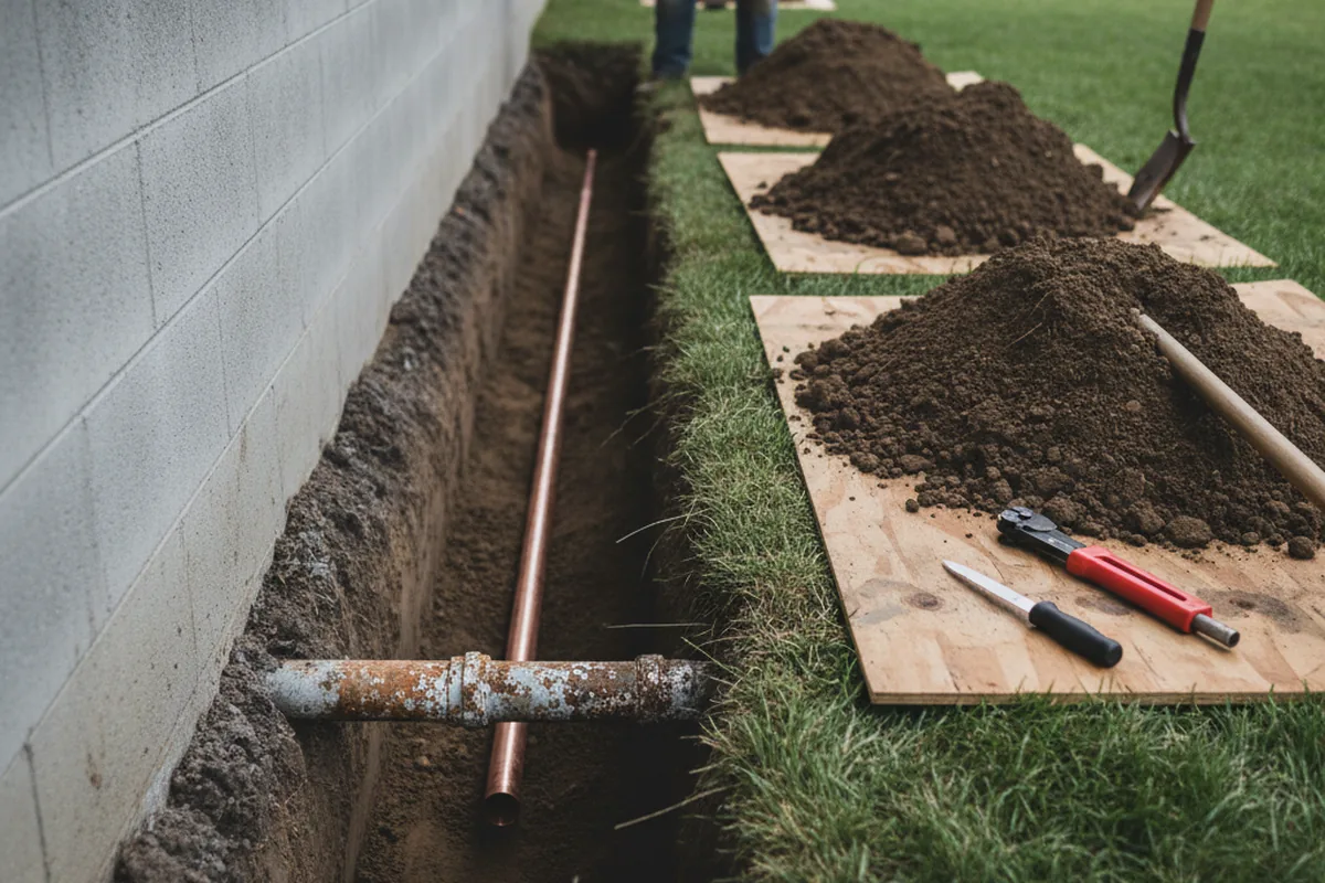 Excavated water line trench during Water Heater Repair in Beresford